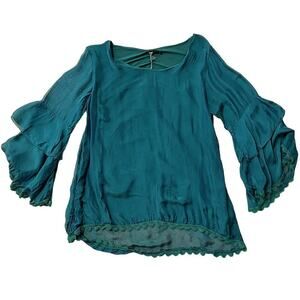 M Made in Italy Scoop Neck Tiered Sleeve Top Deep Green Women's Size Small NWT